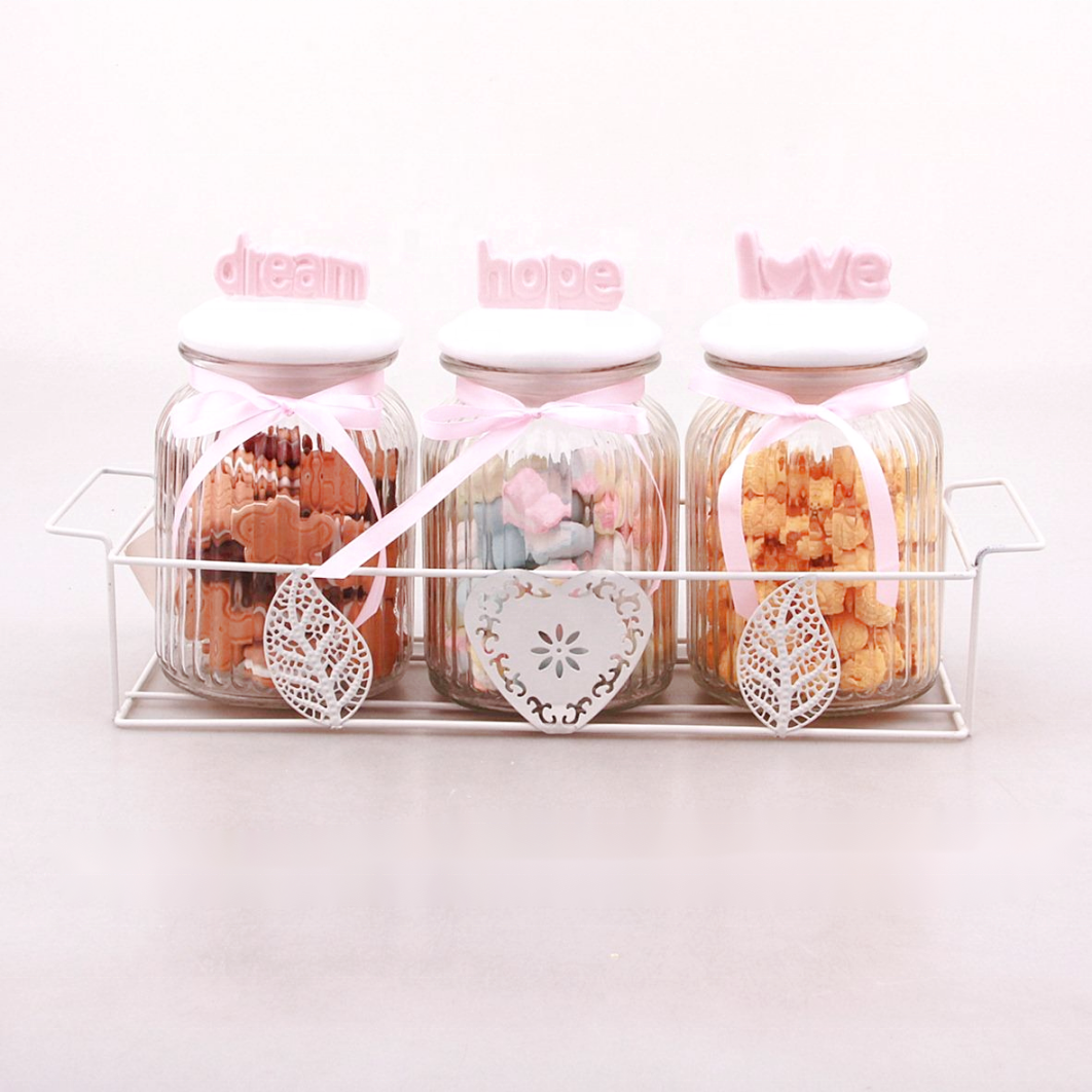 Food Glass kitchen Storage Jar Kitchen Glass Containers Glass Spice Jars Set with Rabbit Ear Ceramic Lid