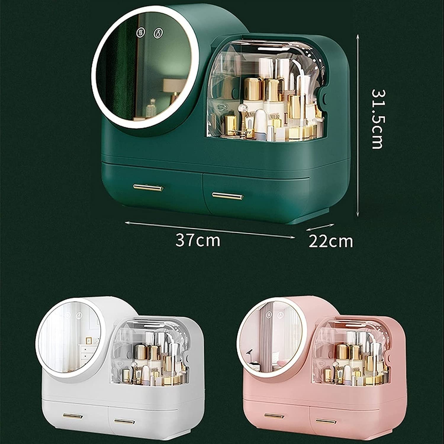 Countertop Multifunctional Storage Box Cosmetic Mirror Organizer with Fan and 360 Rotating LED Mirror