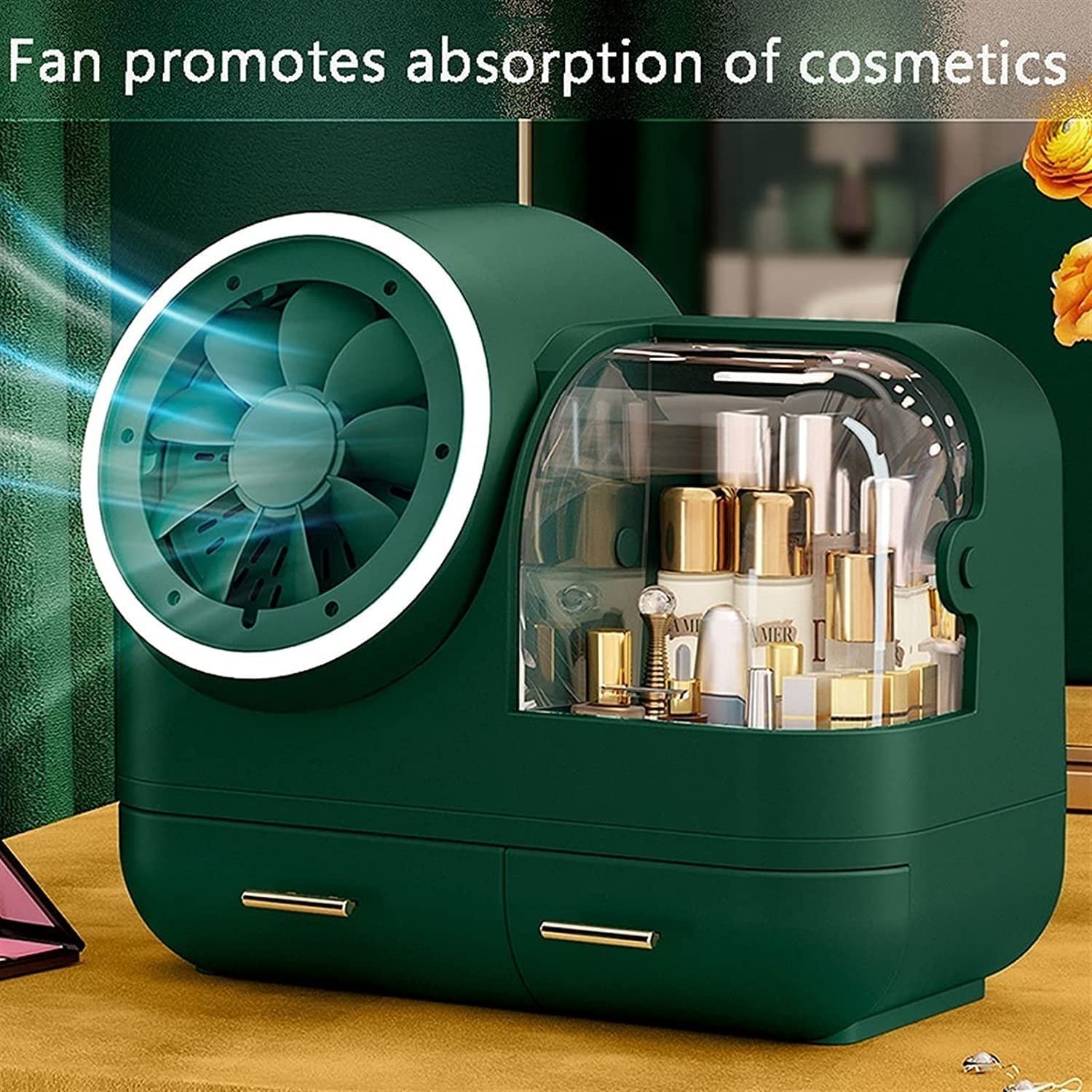Countertop Multifunctional Storage Box Cosmetic Mirror Organizer with Fan and 360 Rotating LED Mirror