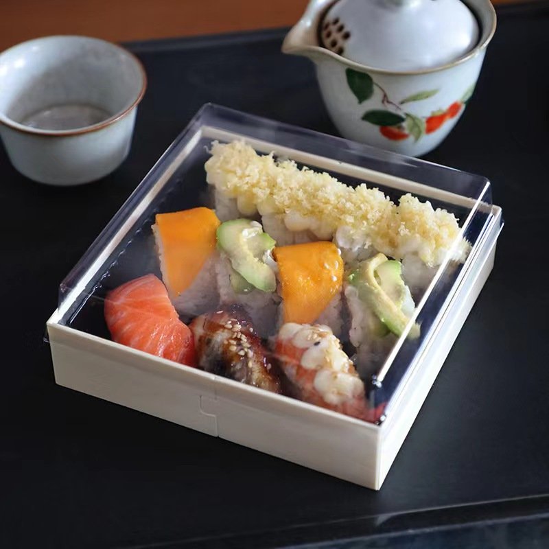 Swiss Roll Cake Carrier Disposable Wood Sushi box Container Fruits Display Food Storage Holder Sandwich Cake Box with Clear Lids