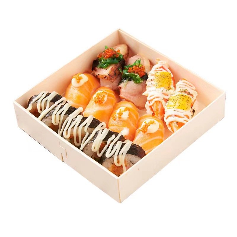 Swiss Roll Cake Carrier Disposable Wood Sushi box Container Fruits Display Food Storage Holder Sandwich Cake Box with Clear Lids