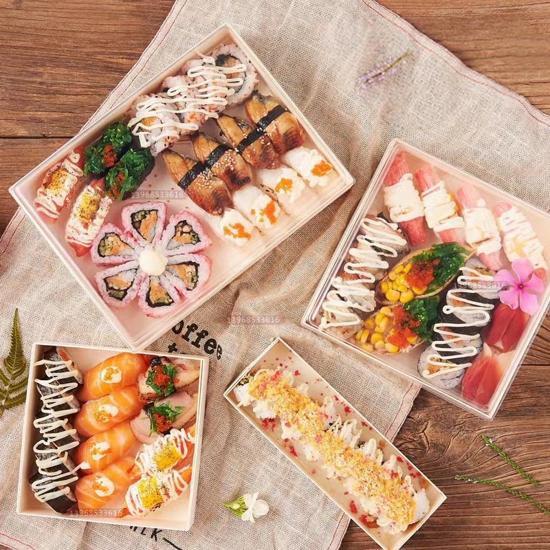 Swiss Roll Cake Carrier Disposable Wood Sushi box Container Fruits Display Food Storage Holder Sandwich Cake Box with Clear Lids