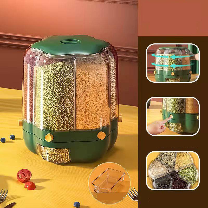 DS1825 Sealed Cereal Separate Bucket Dry Food Container Rice Storage Tank Storage Box 6-Grid Rotating Grid Grain Rice Dispenser