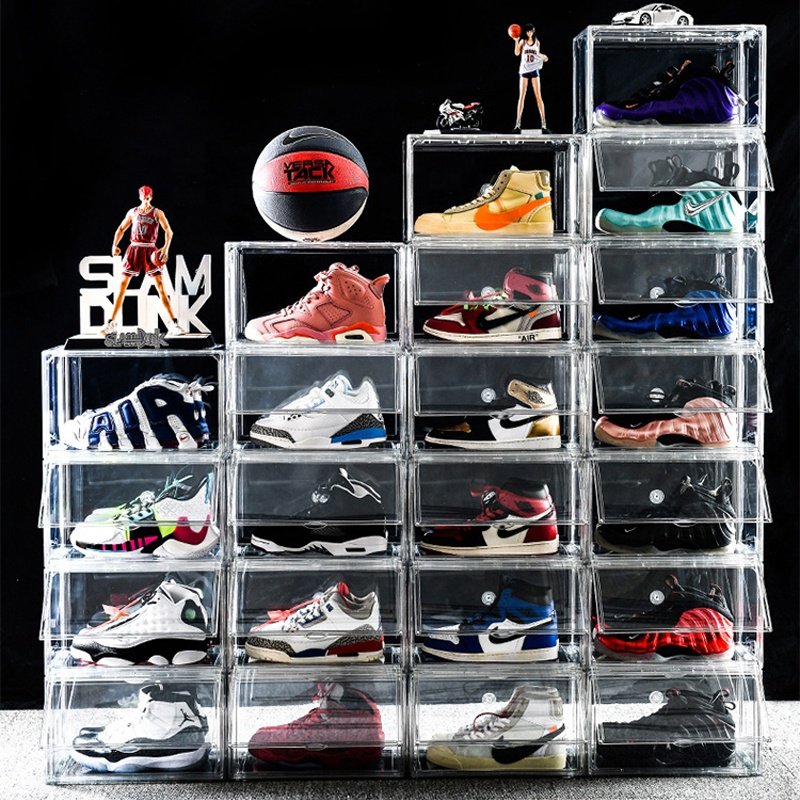 Wholesale Plastic Side Drop Drawer Stackable Sneaker Shoebox Acrylic Shoe Storage Box Magnetic Transparent