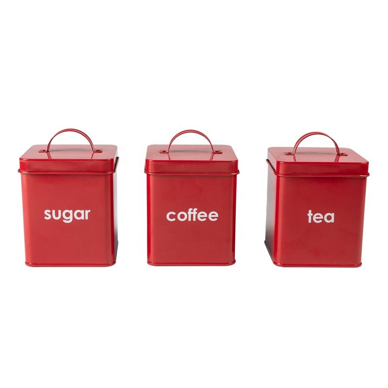 Farmhouse metal Kitchen Counter Square Tin food storage Tight Sealed Lids tea coffee sugar canister set of 3