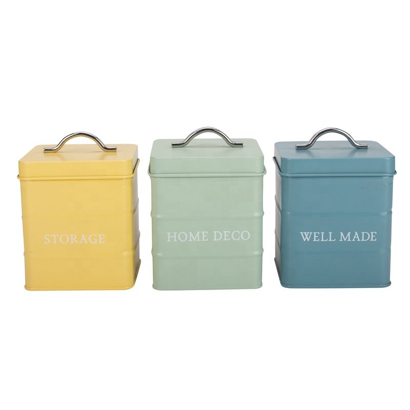 Farmhouse metal Kitchen Counter Square Tin food storage Tight Sealed Lids tea coffee sugar canister set of 3