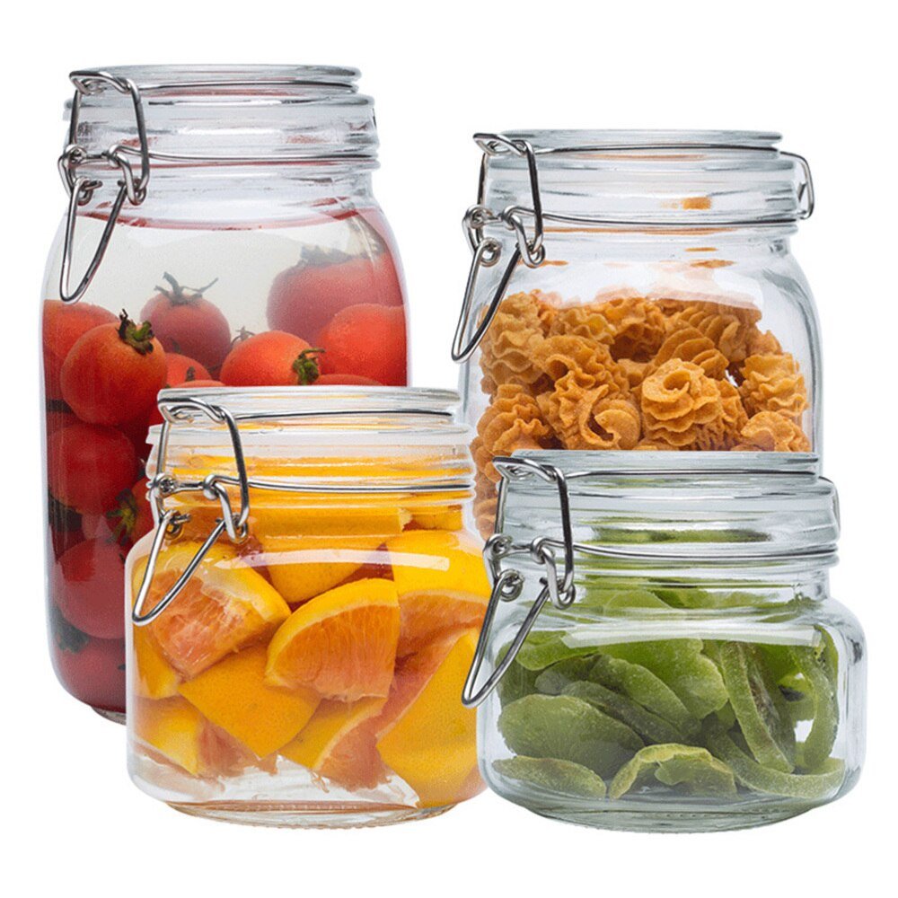 Modern Large Wide Mouth Glass Mason Jars with Hinged Lids Airtight Leak-Proof Rubber Gasket Shape Spices Condiments Container