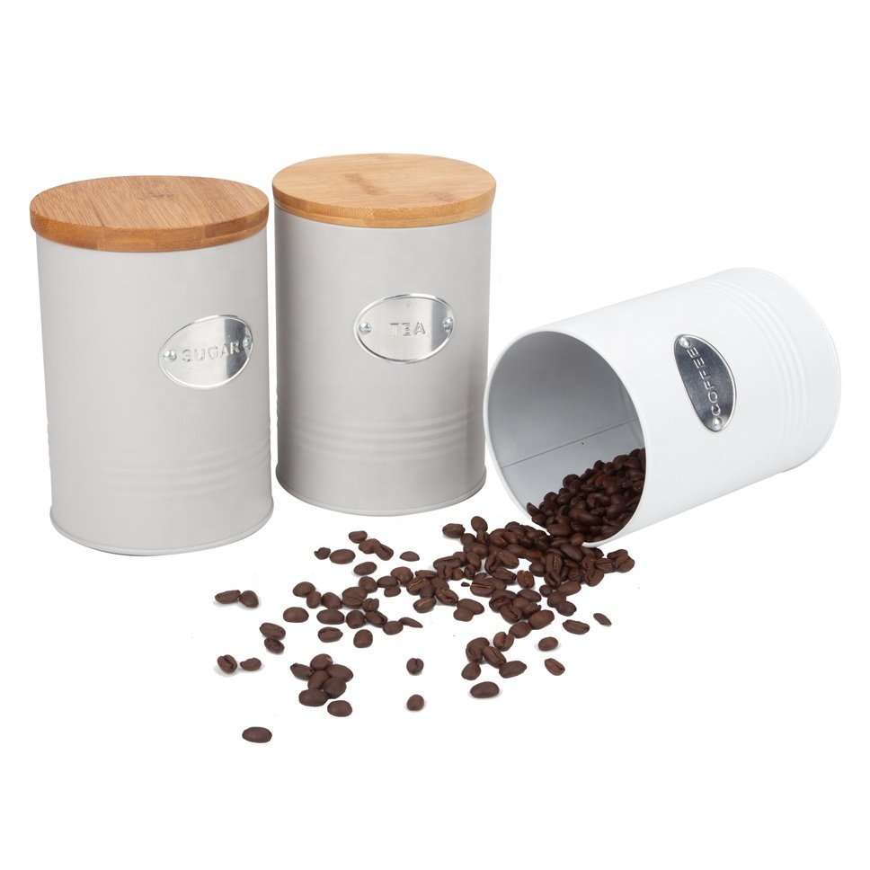Bamboo wooden lid tea sugar coffee storage tin box airtight food container canister set of 3