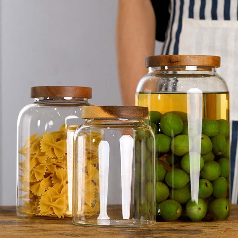 Kitchen food storage glass jar food airtight jar with Acacia wood lid for coffee tea sugar container