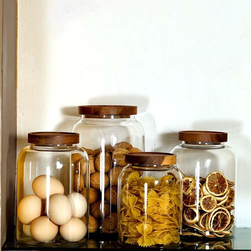 Kitchen food storage glass jar food airtight jar with Acacia wood lid for coffee tea sugar container