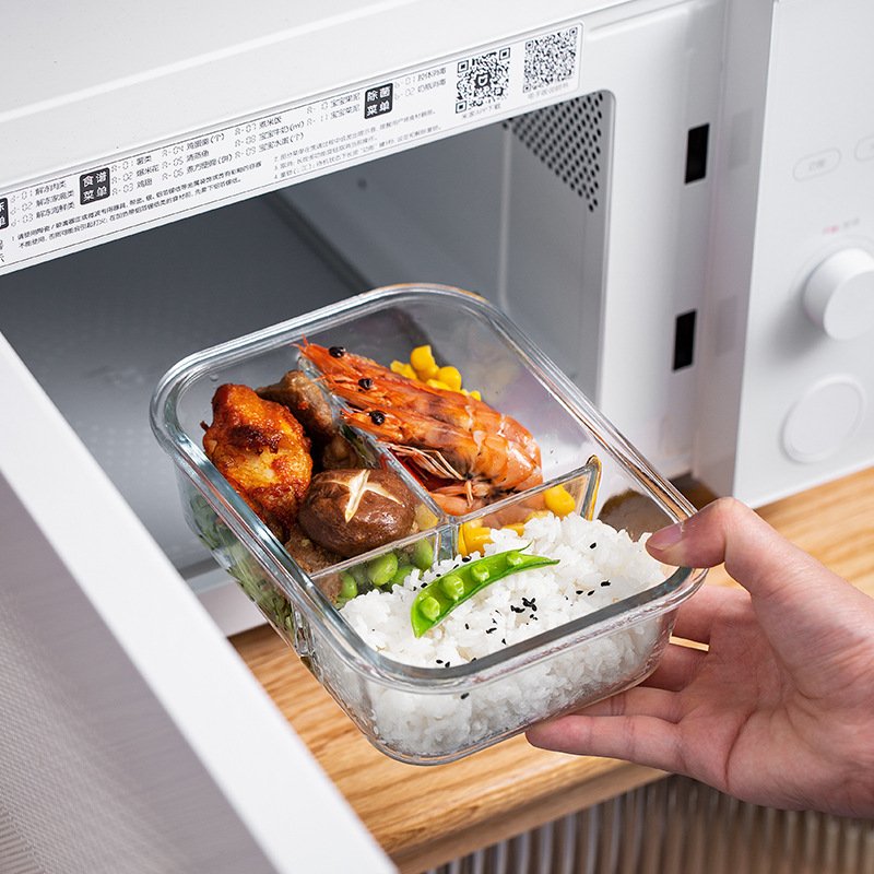 Custom High Borosilicate Heat-Resistant Glass Preservation Bowl Microwave Compartments Lunch Box Food Storage Container