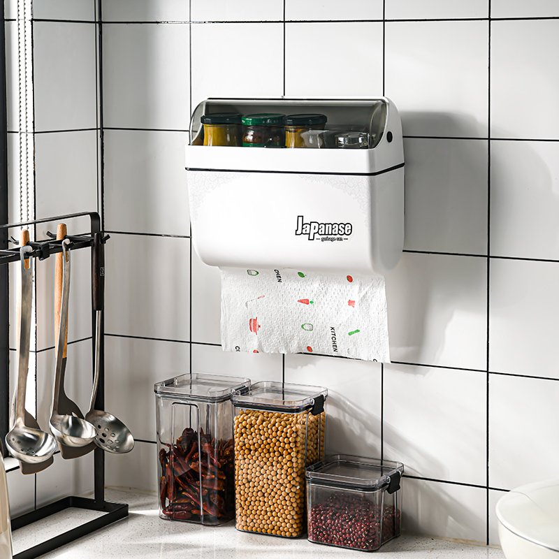 Self Adhesive Wall Mounted Storage Box With Tissue Box Paper Towel Dispenser For Kitchen Bathroom
