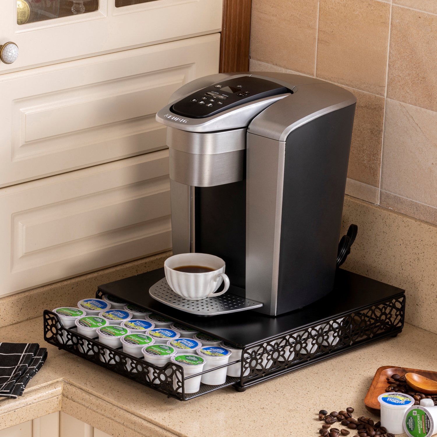Wholesale New Product 42pcs K Cup Holder Keurig Coffee Capsule Pod Organizer Drawer Flower Hollow Storage Shelf Kitchen Use Box