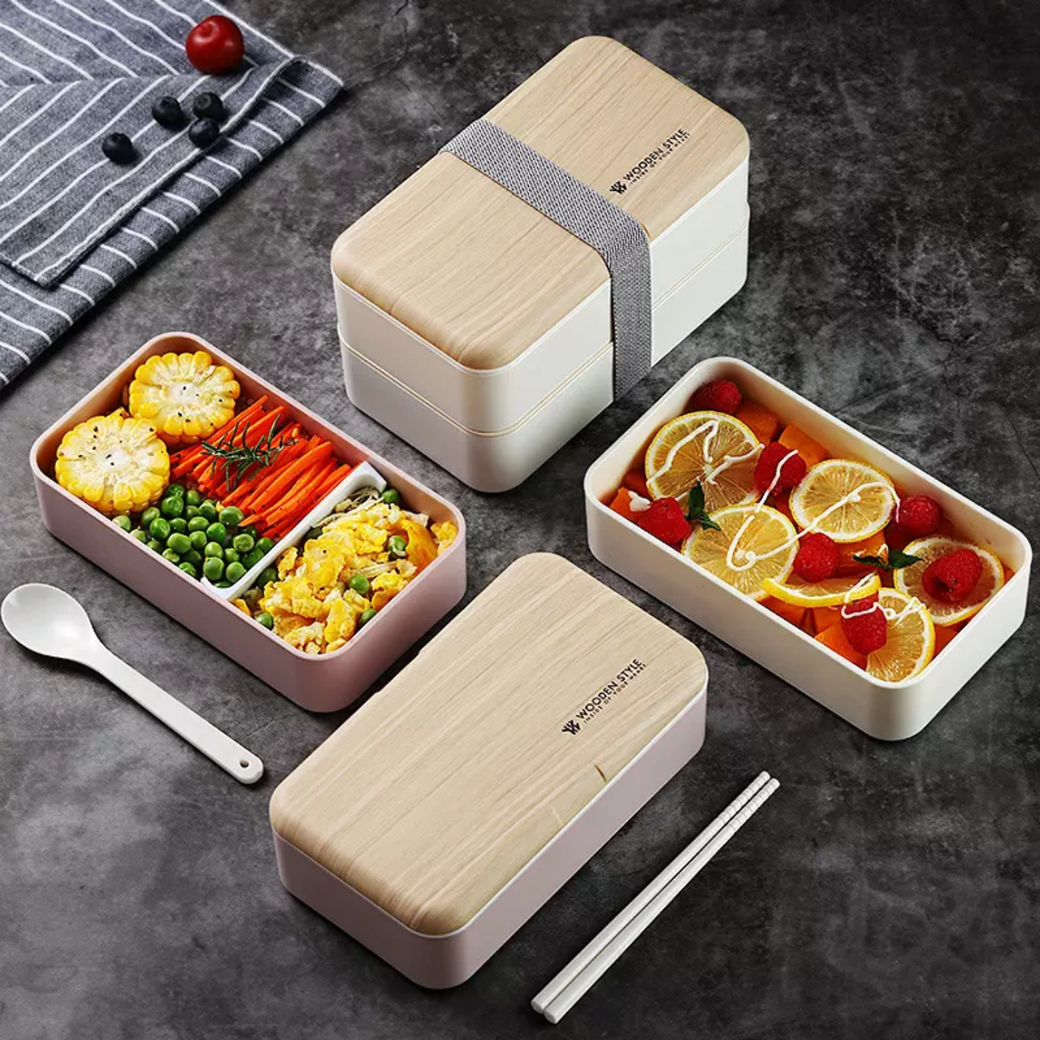 Food Storage Container 2 Tiers Bento Case with Reusable Cutlery Lunch Box for Work School Travel loncheras escolares kids