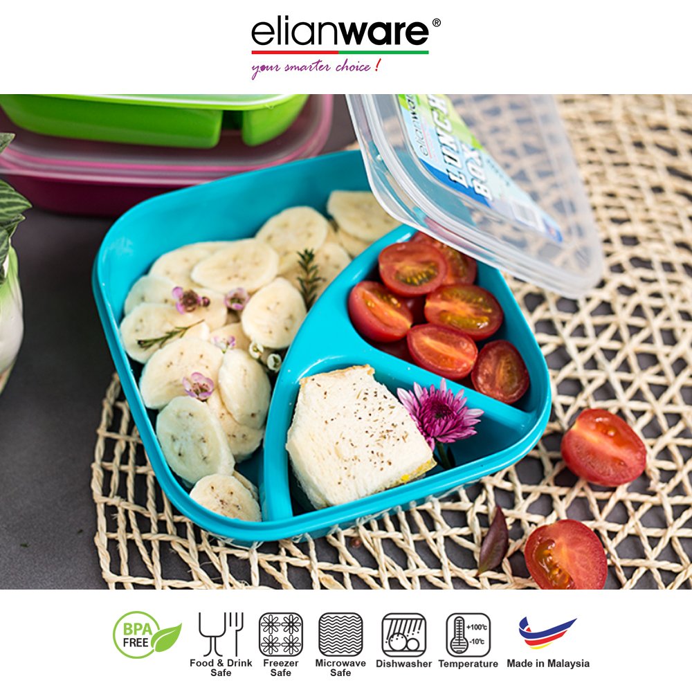 Elianware BPA Free Plastic (PP) Reheat-able Food Safe Food Container Dishwasher Safe 3 Compartment Microwavable Lunch Box