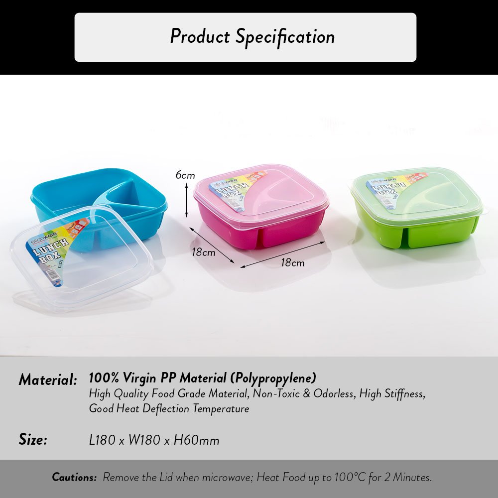 Elianware BPA Free Plastic (PP) Reheat-able Food Safe Food Container Dishwasher Safe 3 Compartment Microwavable Lunch Box