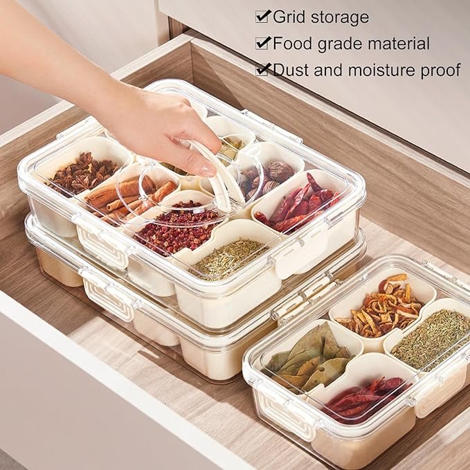 8 Compartment Spice Storage Box Food Grade Clear Plastic Airtight Storage Containers Portable Handle Divider Organizer Dried