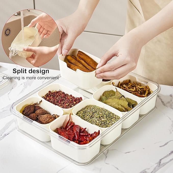 8 Compartment Spice Storage Box Food Grade Clear Plastic Airtight Storage Containers Portable Handle Divider Organizer Dried
