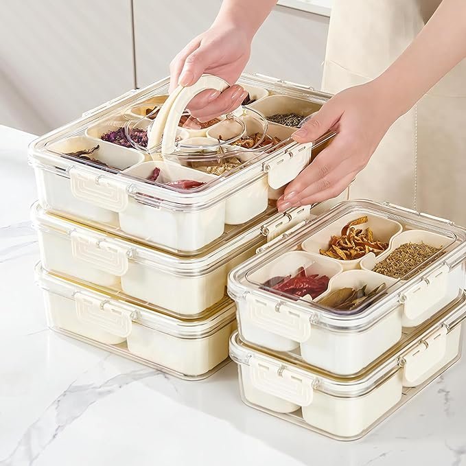 8 Compartment Spice Storage Box Food Grade Clear Plastic Airtight Storage Containers Portable Handle Divider Organizer Dried