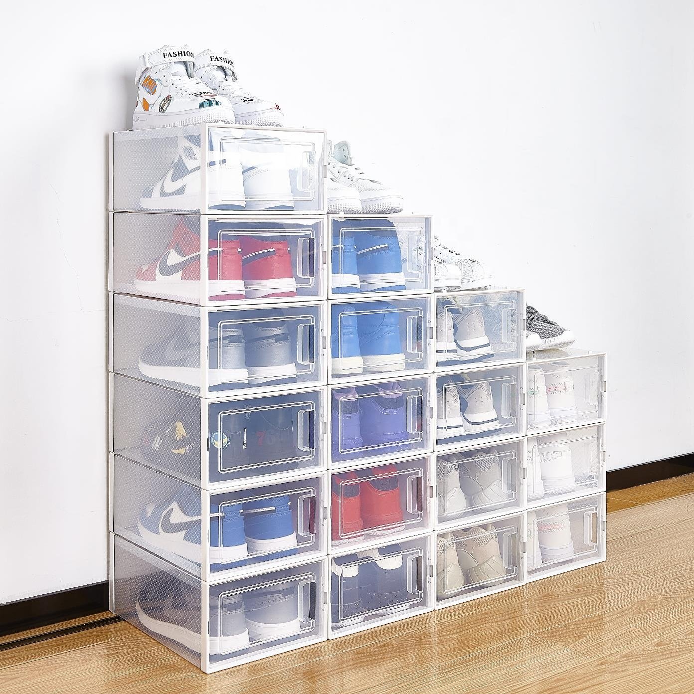 Plastic Shoe Box 12 pack large size Easy Assembly plastic clear shoe storage box bins Sneaker Case