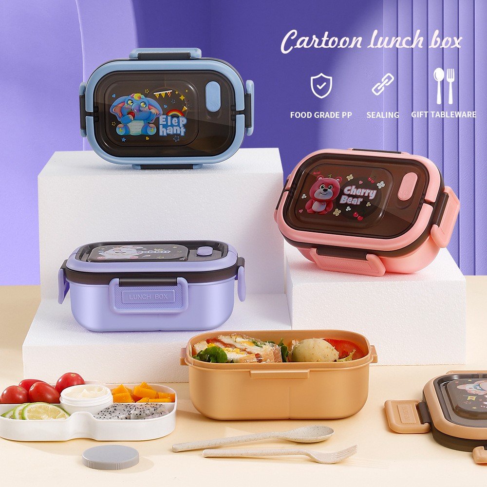 Portable Sealed Lunch Box 2 Layer Mesh Kids Leak Proof Bento Snack Box with Cutlery Microwave Safe Food Storage Container