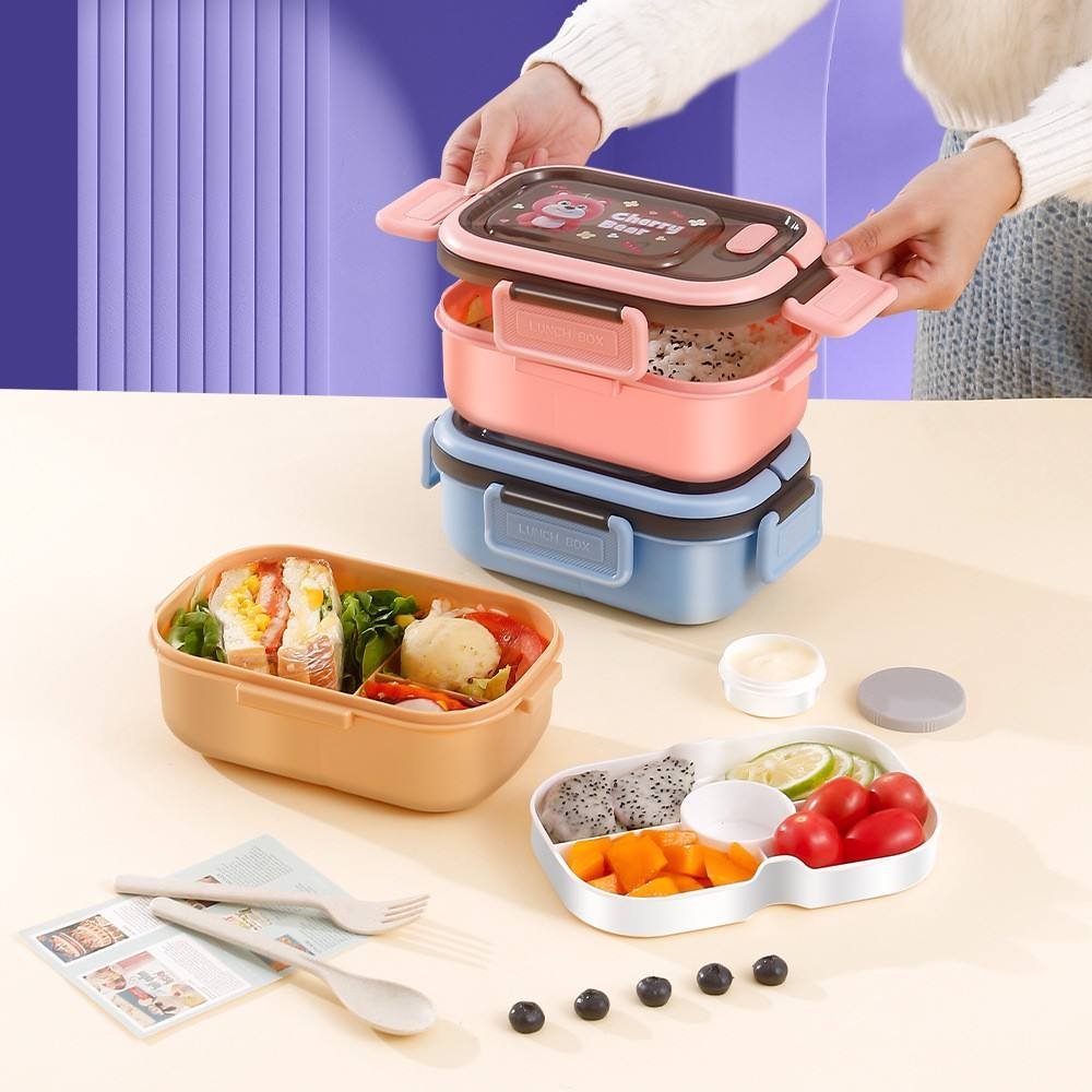 Portable Sealed Lunch Box 2 Layer Mesh Kids Leak Proof Bento Snack Box with Cutlery Microwave Safe Food Storage Container