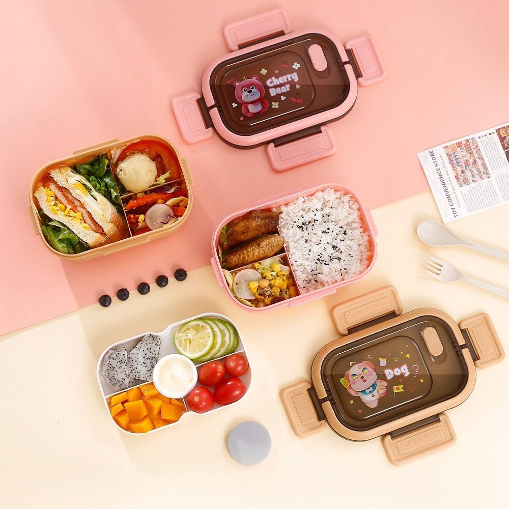 Portable Sealed Lunch Box 2 Layer Mesh Kids Leak Proof Bento Snack Box with Cutlery Microwave Safe Food Storage Container