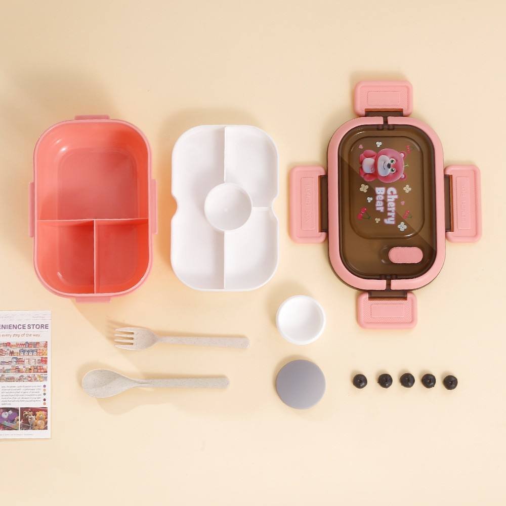 Portable Sealed Lunch Box 2 Layer Mesh Kids Leak Proof Bento Snack Box with Cutlery Microwave Safe Food Storage Container