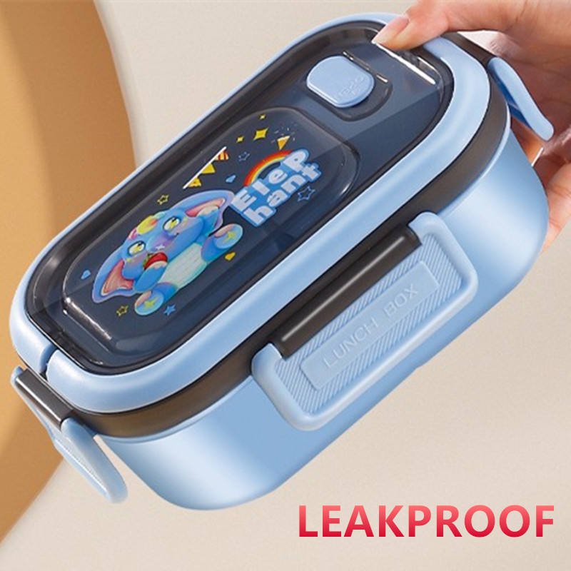 Portable Sealed Lunch Box 2 Layer Mesh Kids Leak Proof Bento Snack Box with Cutlery Microwave Safe Food Storage Container