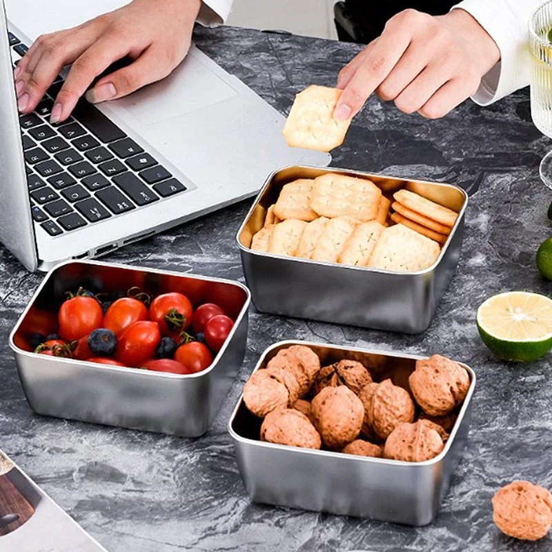 304 Stainless Steel Refrigerator Food Storage Box With Plastic Lid Prepare Food Freshness Preservation Picnic Box