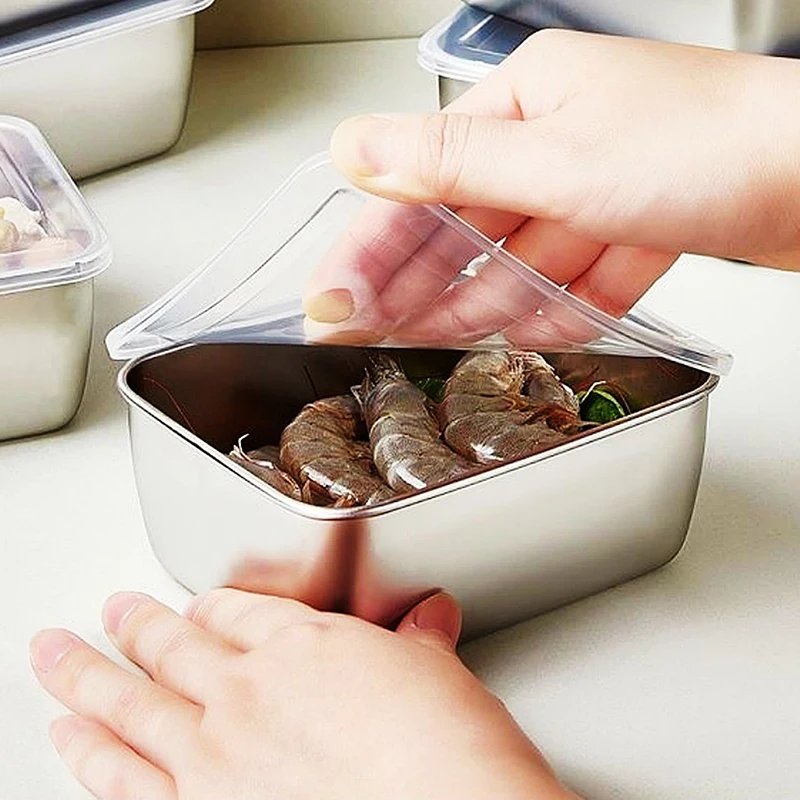 304 Stainless Steel Refrigerator Food Storage Box With Plastic Lid Prepare Food Freshness Preservation Picnic Box