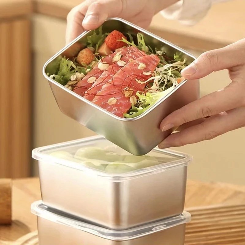 304 Stainless Steel Refrigerator Food Storage Box With Plastic Lid Prepare Food Freshness Preservation Picnic Box