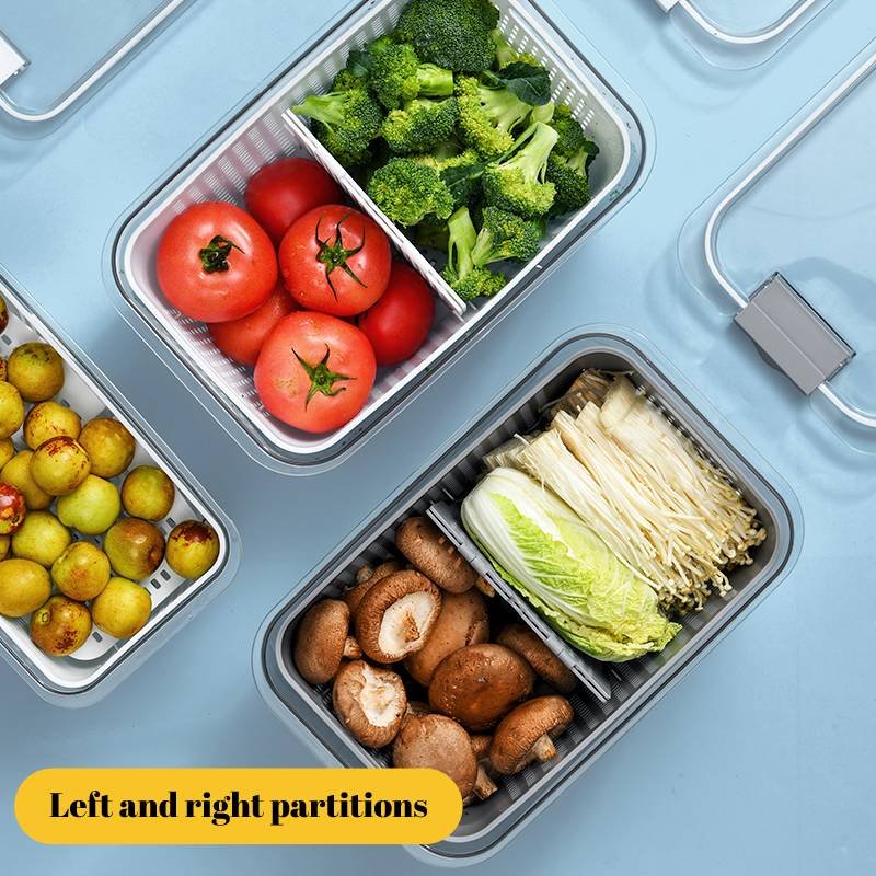 Refrigerator Storage Box Sealed Plastic Box Drawer Type Kitchen Fruit Food Vegetable Fresh Keeping Box With Drain Basket