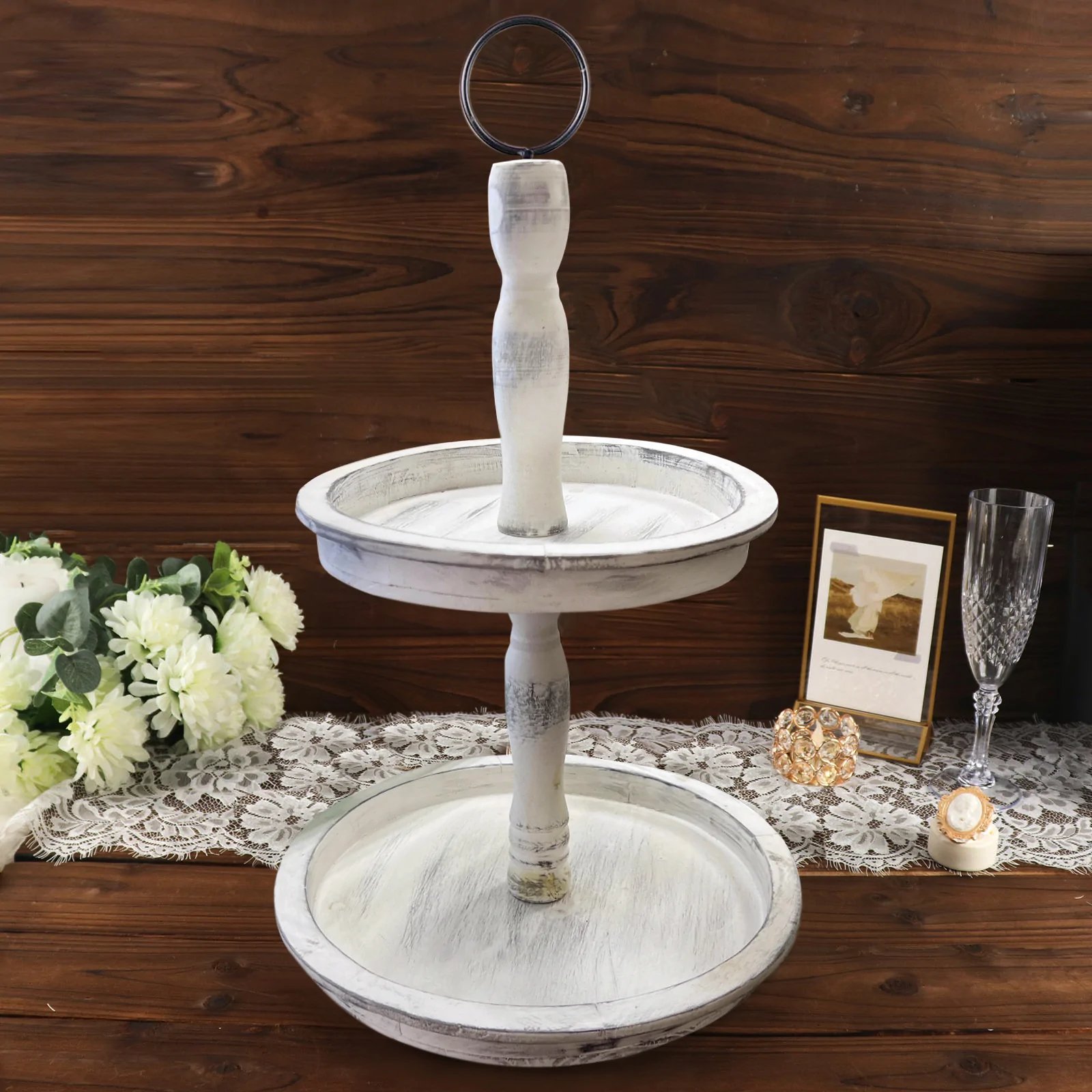 Jozda 2 Tier Tray Decor Holder Farmhouse Wooden Storage Serving Tray Stand For Food Fruits Cake