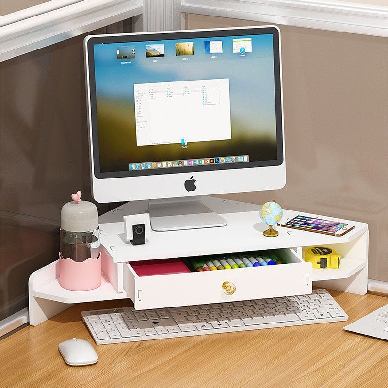 Corner Computer Raise Shelf with Drawer Storage Box Triangle Office Desk Desktop Monitor Organizer