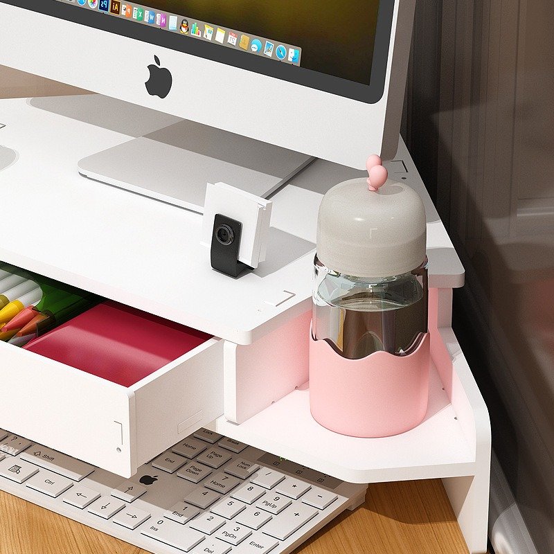 Corner Computer Raise Shelf with Drawer Storage Box Triangle Office Desk Desktop Monitor Organizer