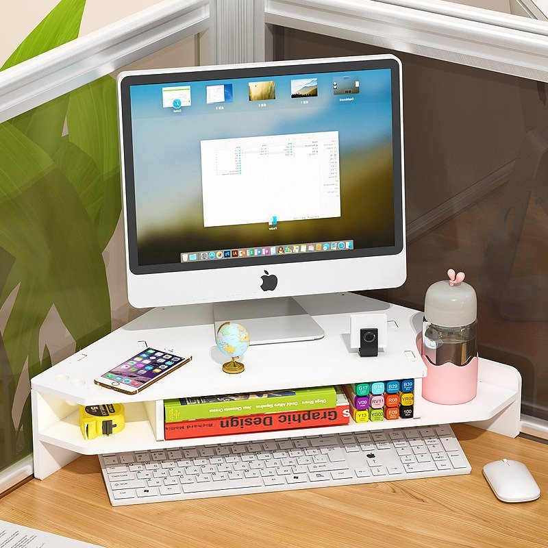 Corner Computer Raise Shelf with Drawer Storage Box Triangle Office Desk Desktop Monitor Organizer