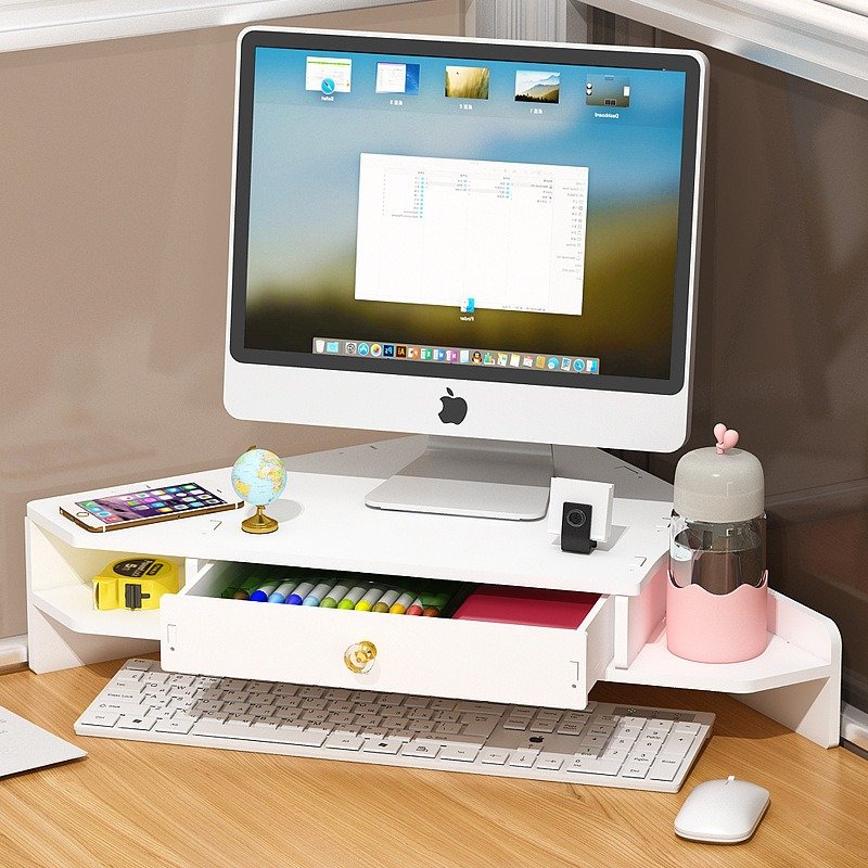 Corner Computer Raise Shelf with Drawer Storage Box Triangle Office Desk Desktop Monitor Organizer
