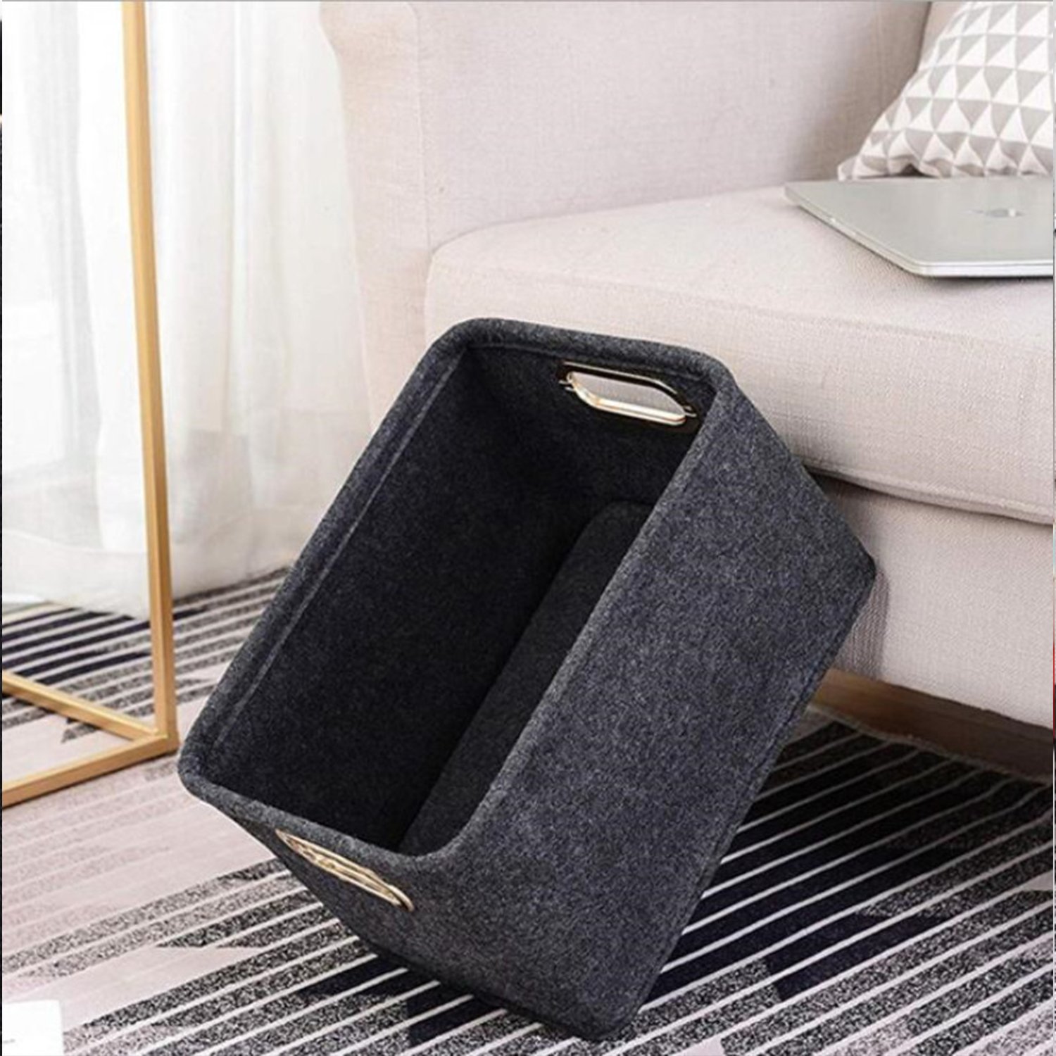 Storage Box Linen Foldable Box with Handle Black Grey Sundries Organizer BoxLarge Capacity Drawer