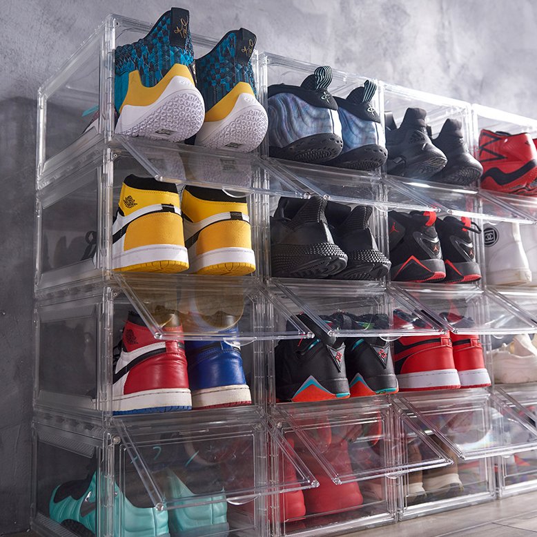 Stackable Clear PET Acrylic Shoe Organizer Bins Magnetic Drop Front Open Sneaker Shoe Storage Box for Men's Lady's Shoes