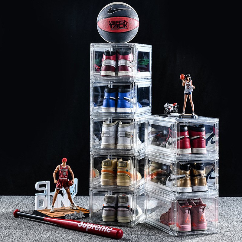 Stackable Clear PET Acrylic Shoe Organizer Bins Magnetic Drop Front Open Sneaker Shoe Storage Box for Men's Lady's Shoes