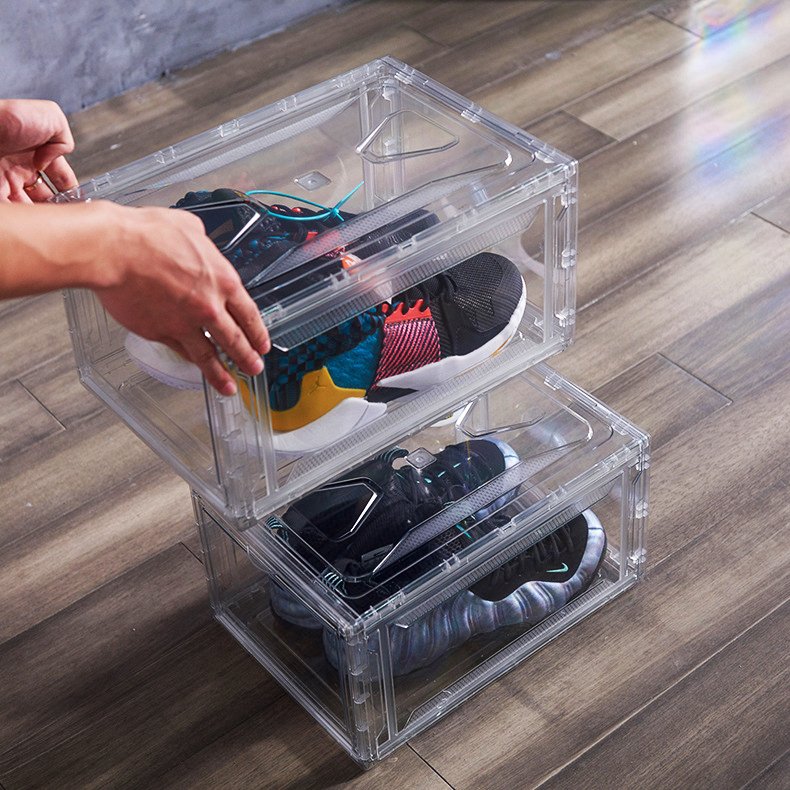 Stackable Clear PET Acrylic Shoe Organizer Bins Magnetic Drop Front Open Sneaker Shoe Storage Box for Men's Lady's Shoes