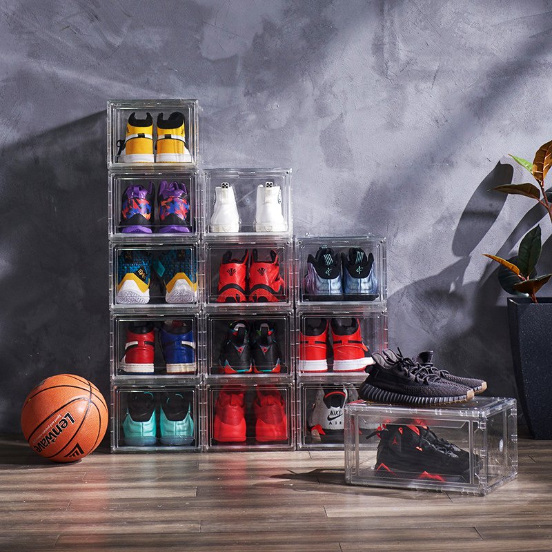 Stackable Clear PET Acrylic Shoe Organizer Bins Magnetic Drop Front Open Sneaker Shoe Storage Box for Men's Lady's Shoes