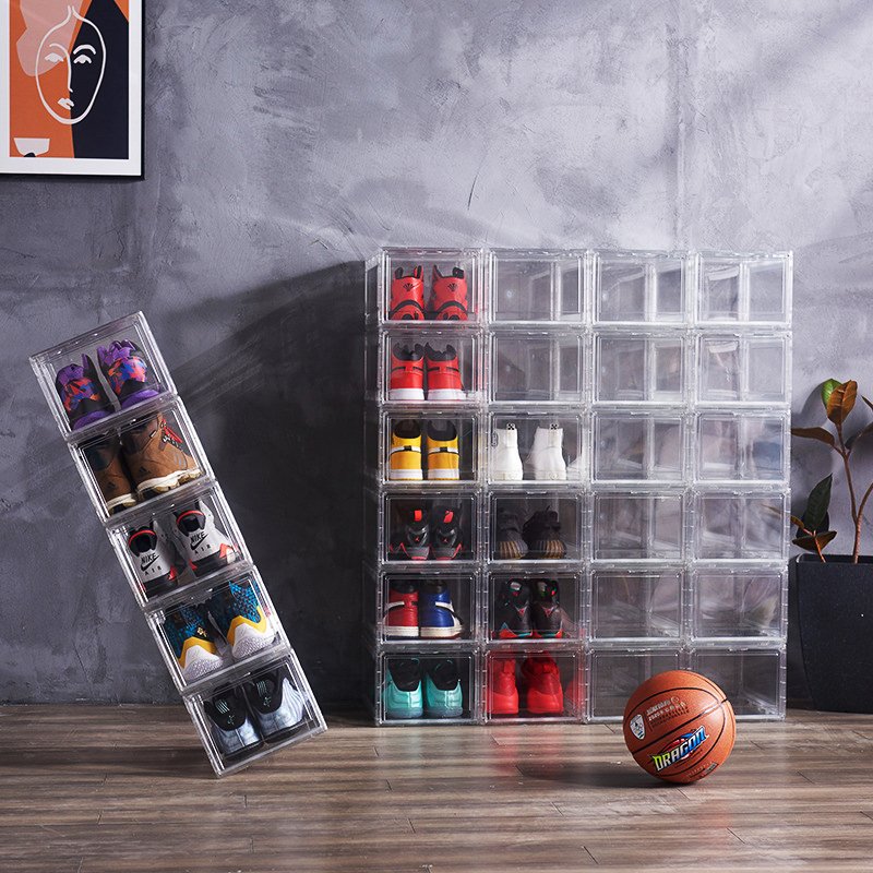 Stackable Clear PET Acrylic Shoe Organizer Bins Magnetic Drop Front Open Sneaker Shoe Storage Box for Men's Lady's Shoes