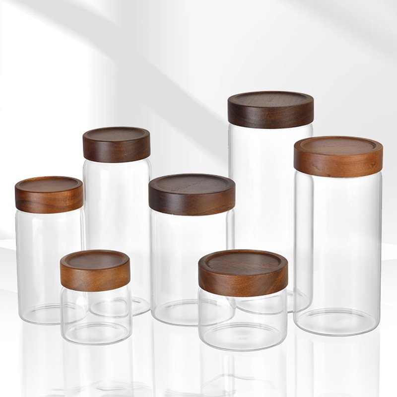 Wholesale Kitchen Containers Jar Wood Handmade Multifunction Kitchen Storage Food Storage Glass jar With Acacia Wood Lid