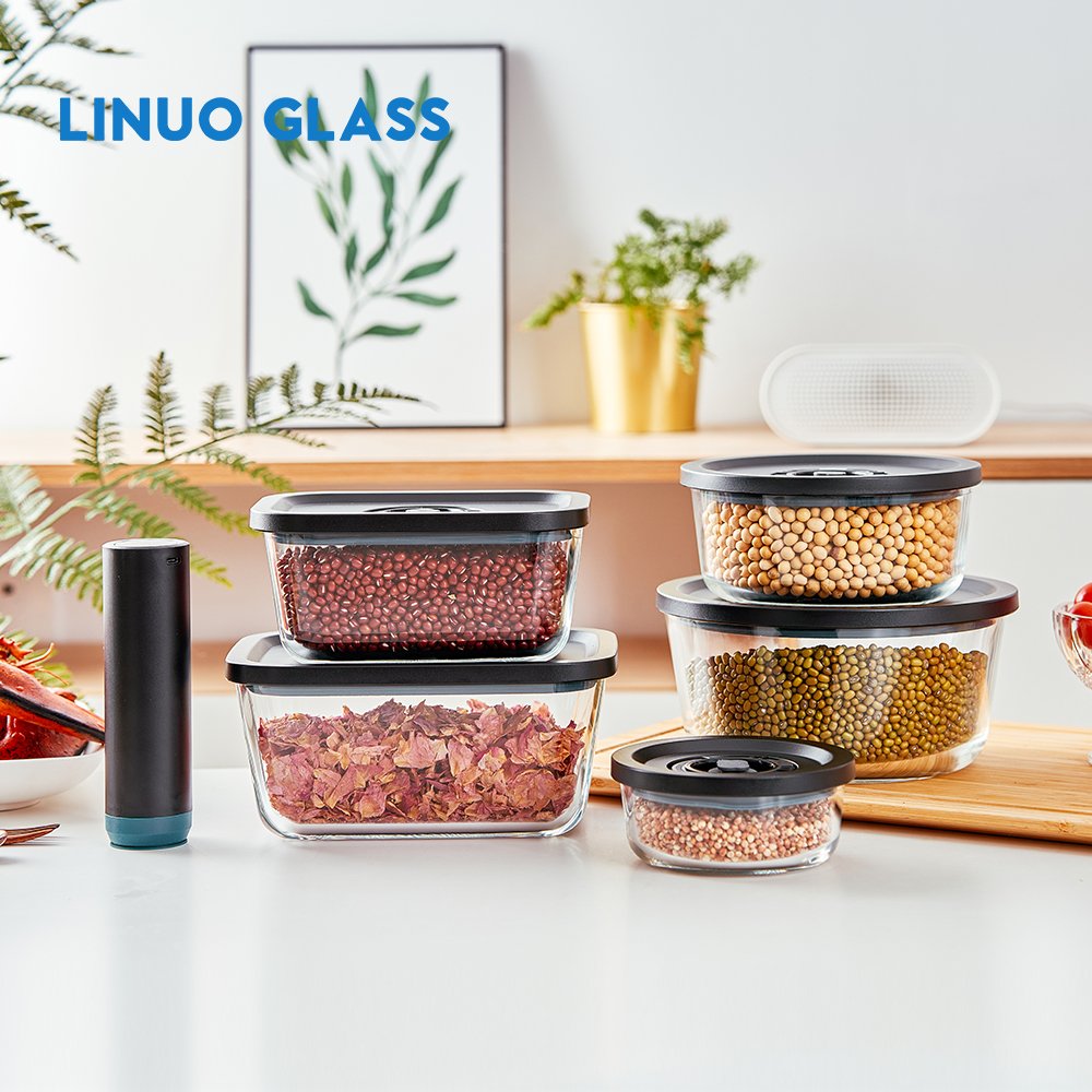 Linuo Microwave Oven Freezer Safe Kitchen Pantry Glass Vacuum Food Storage Container With Vacuum Pump