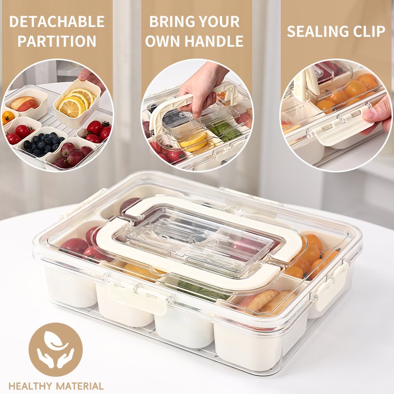 Kitchen Sealed Portable Plastic Spice Container Snack Storage Snackle Clear Divided Serving Veggie Tray Box With Lid And Handle