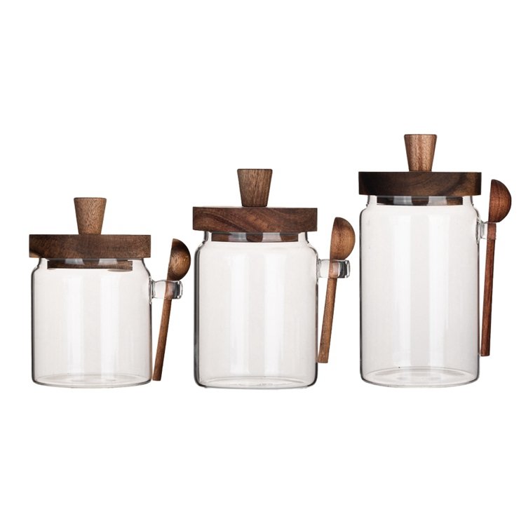 food storage glass Kitchen Storage Jug Set High Borosilicate Glass Jar Bamboo Wooden Spoon big glass containers for food storage
