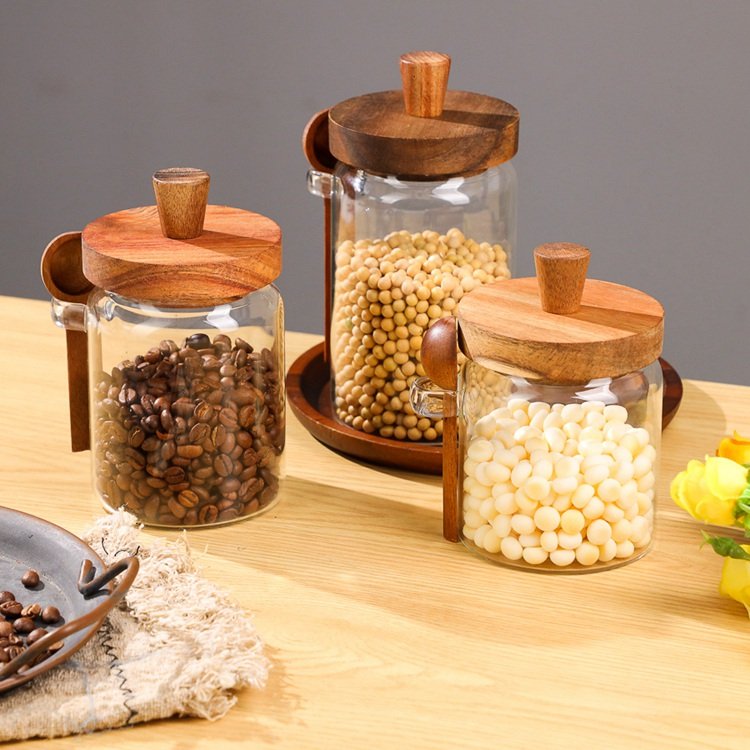 food storage glass Kitchen Storage Jug Set High Borosilicate Glass Jar Bamboo Wooden Spoon big glass containers for food storage