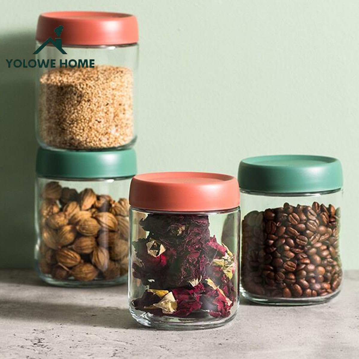 YOLOWE HOME Reusable Wide-Mouthed Mason Jars Screw-Top Glass Storage Bottles Overnight Oats Fruits Salad Dressings Sauces